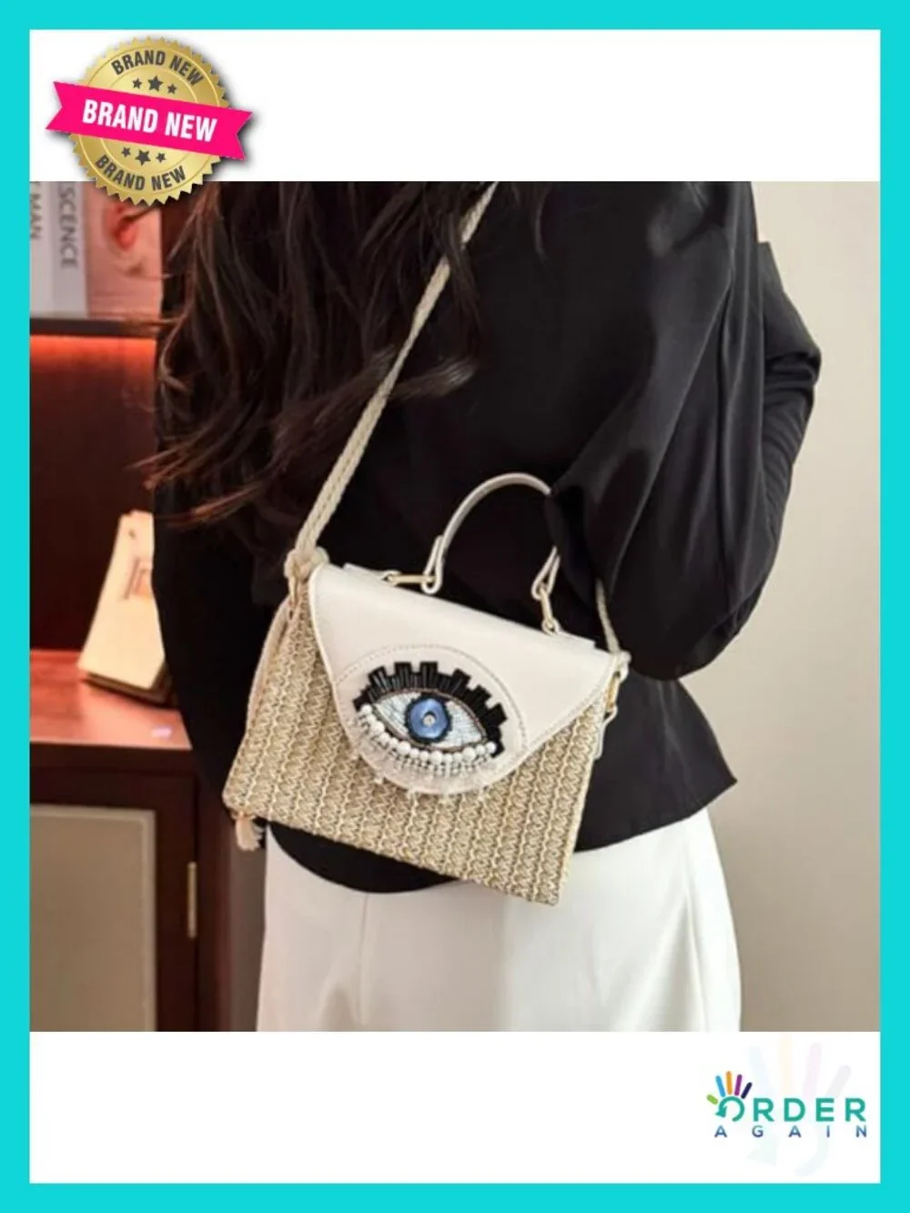Handmade Boho Straw Crossbody Bag with Evil Eye Embellishment_5